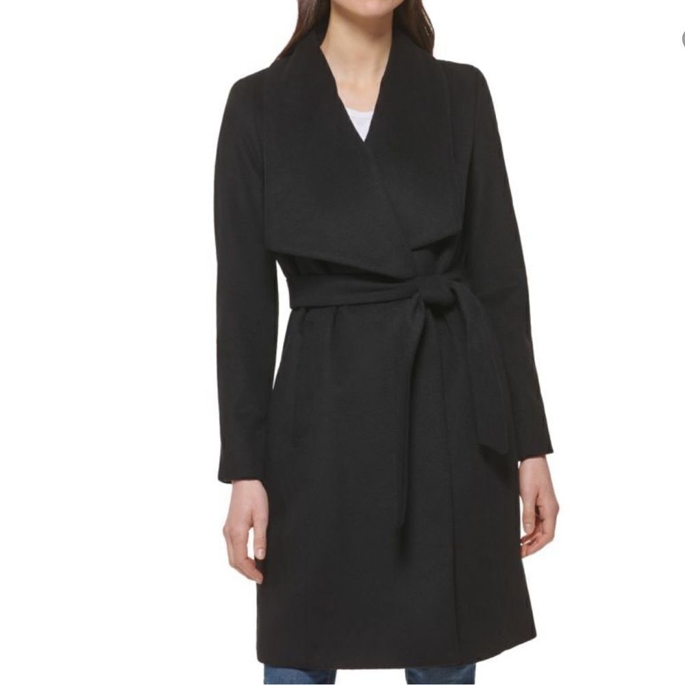 Cole Haan Signature Wool Blend Wide Collar Belted Coat Black US 12 NEW MSRP $400